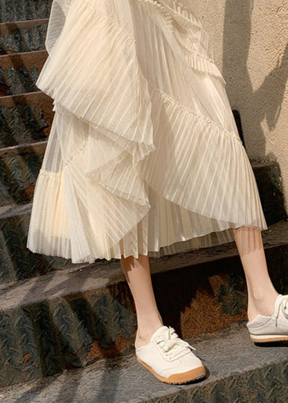 Apricot Elastische Taille Falten Tüll Kuchen Rock Frühling