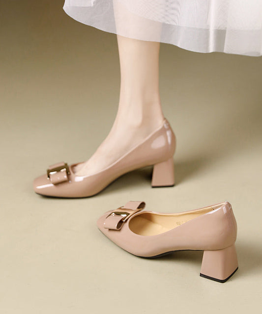 Apricot Faux Leather Chunky High Heels Splicing Bow