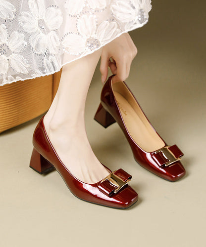 Apricot Faux Leather Chunky High Heels Splicing Bow