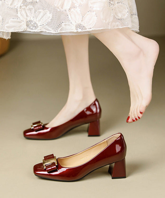 Apricot Faux Leather Chunky High Heels Splicing Bow