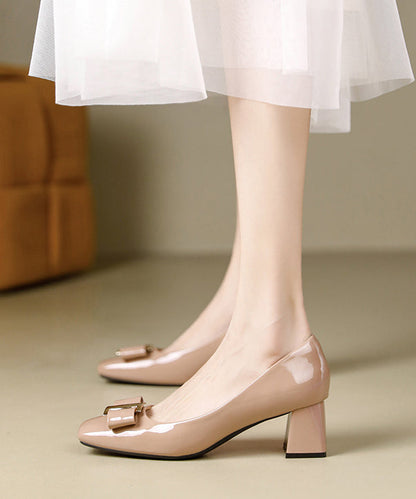 Apricot Faux Leather Chunky High Heels Splicing Bow