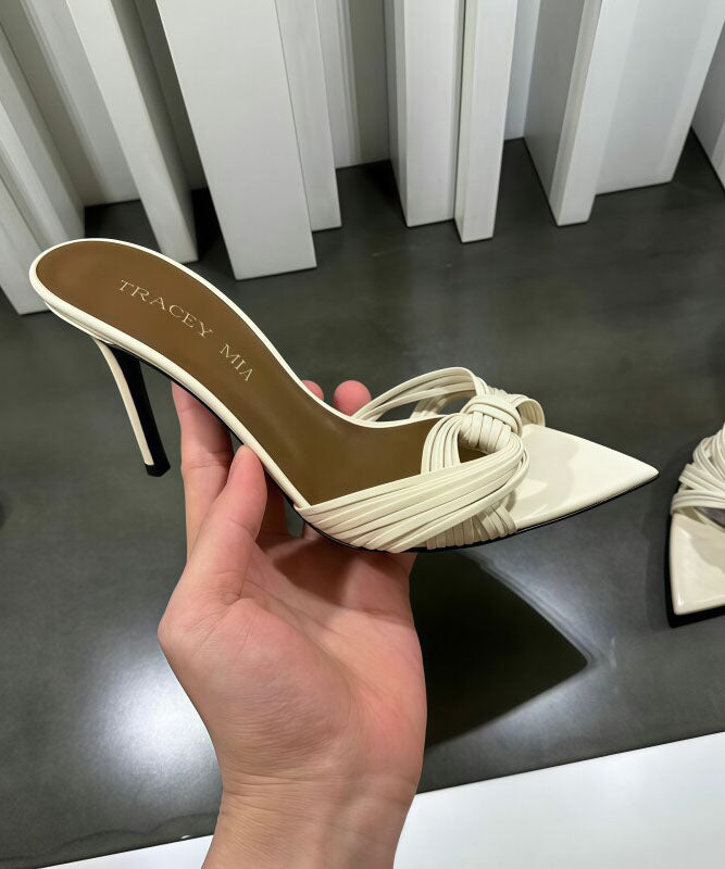 Apricot Faux Leather High Heel Slide Sandals Pointed Toe Peep Toe