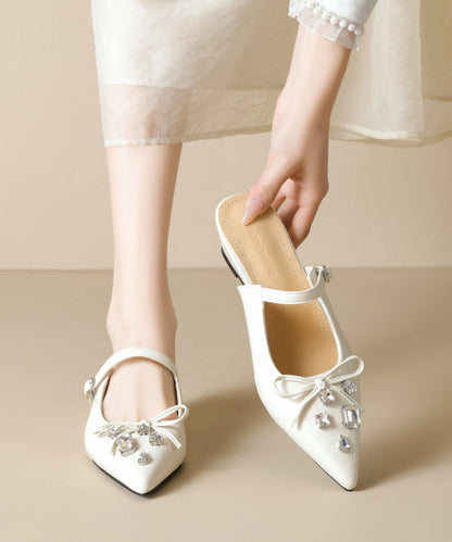 Apricot Faux Leather Splicing Slide Sandals Pointed Toe Zircon