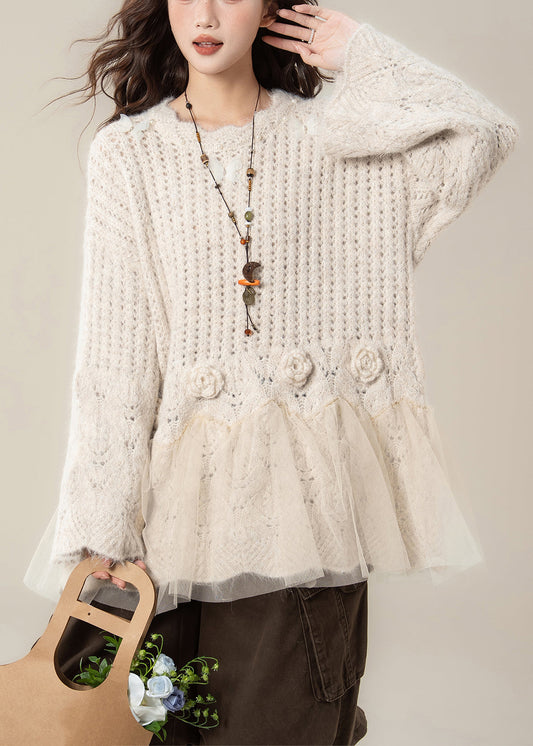 Aprikosenfarbene Patchwork-Strickpullover mit Blumenmuster, Perlen und Tüll, hohl