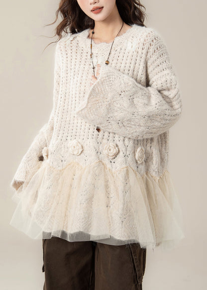 Apricot Floral Pearl Tulle Patchwork Knit Sweaters Hollow Out