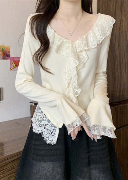 Apricot Front Open Lace Patchwork Cotton T Shirt V Neck Fall