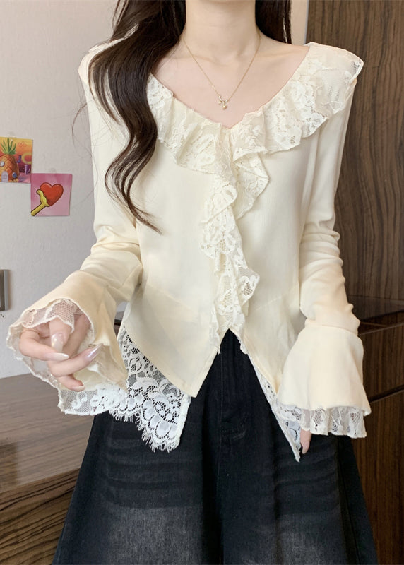 Apricot Front Open Lace Patchwork Cotton T Shirt V Neck Fall