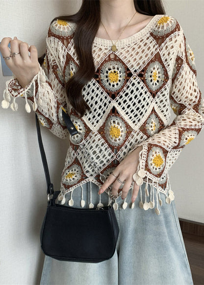 Apricot Hollow Out Knit T Shirt Fall