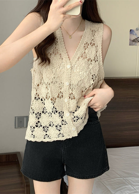 Apricot Hollow Out Solid Knit Vest Summer