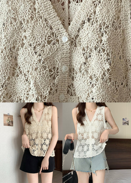 Apricot Hollow Out Solid Knit Vest Summer