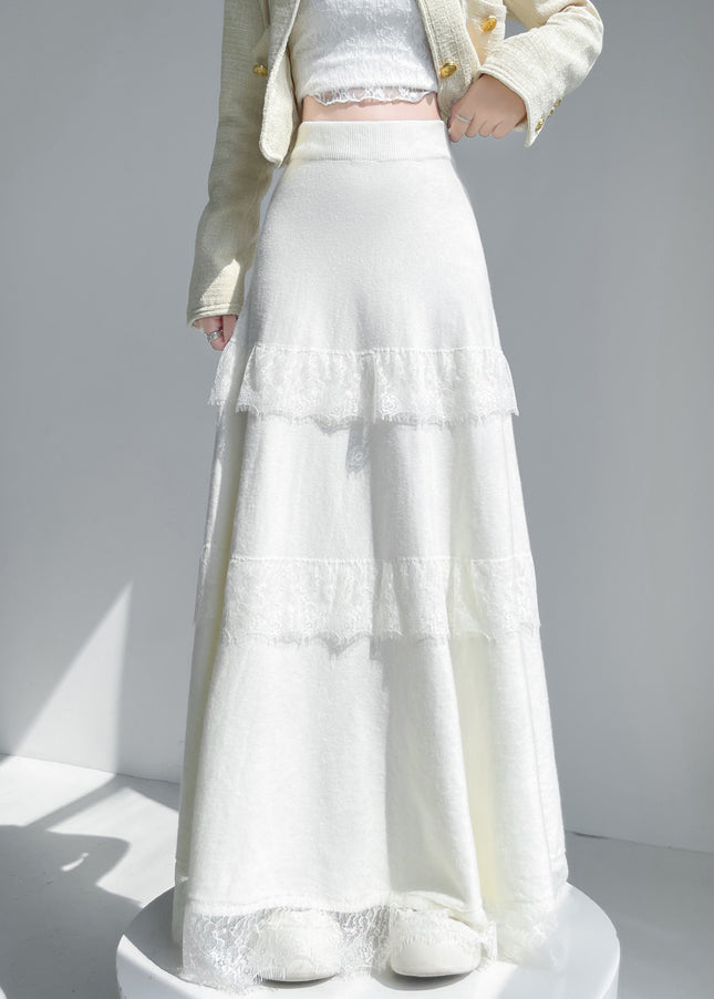 Apricot Lace Patchwork Solid Knit Skirt Elastic Waist