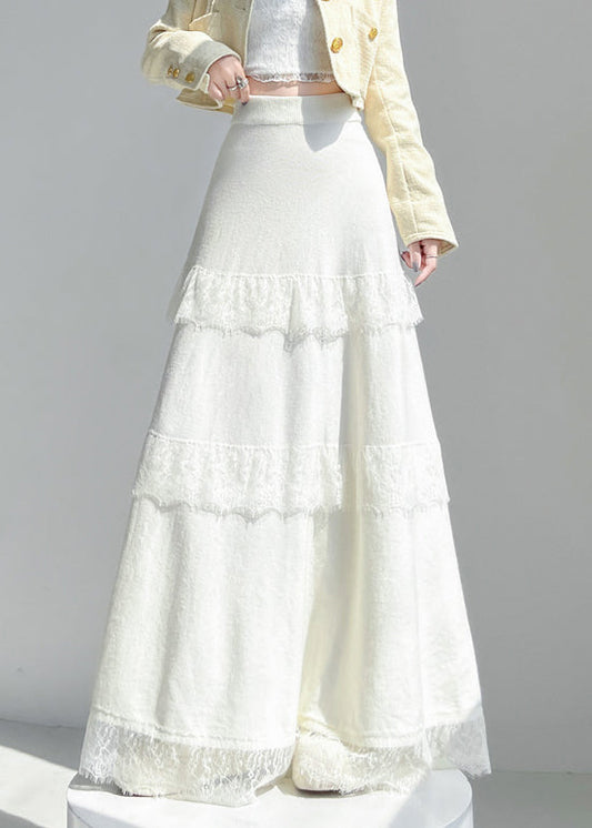 Aprikosenfarbener Strickrock mit Spitzen-Patchwork-Muster und elastischem Bund