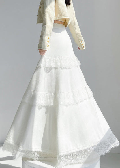 Apricot Lace Patchwork Solid Knit Skirt Elastic Waist