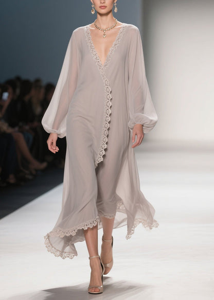 Apricot Lace Solid Chiffon Maxi Dresses V Neck