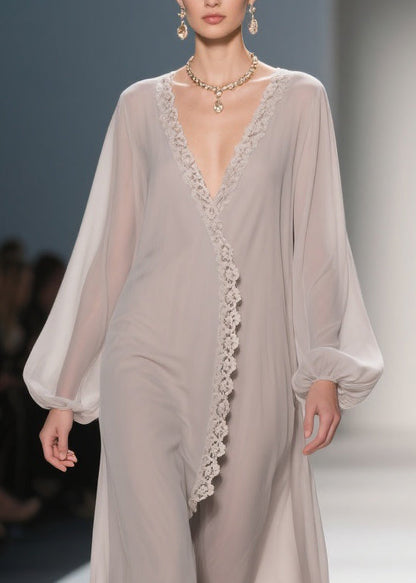 Apricot Lace Solid Chiffon Maxi Dresses V Neck