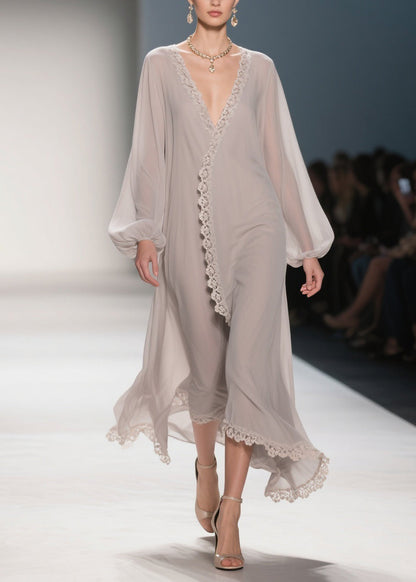 Apricot Lace Solid Chiffon Maxi Dresses V Neck