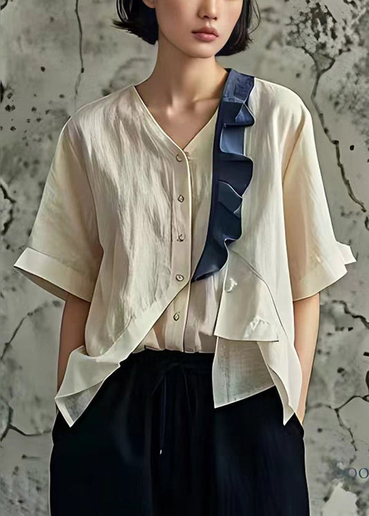 Apricot Patchwork Asymmetrisches Design Leinenhemden Rüschen Sommer