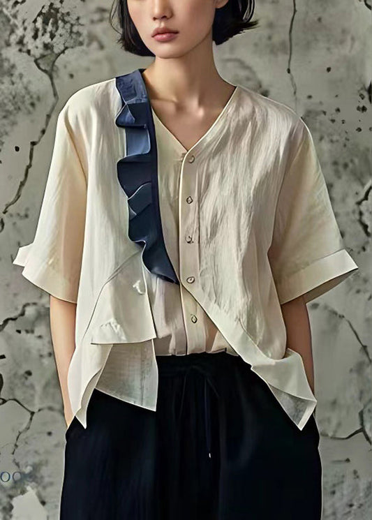 Apricot Patchwork Asymmetrisches Design Leinenhemden Rüschen Sommer