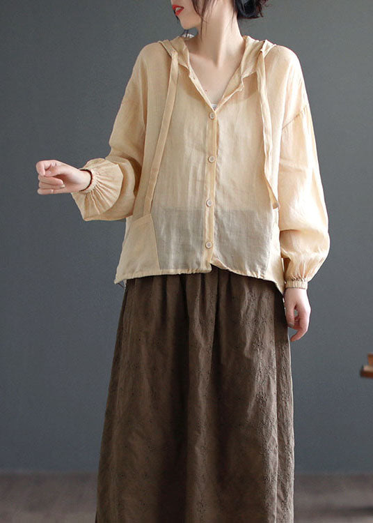 Apricot Taschen Patchwork Leinen Dünne Mantel Mit Kapuze Taste Sommer