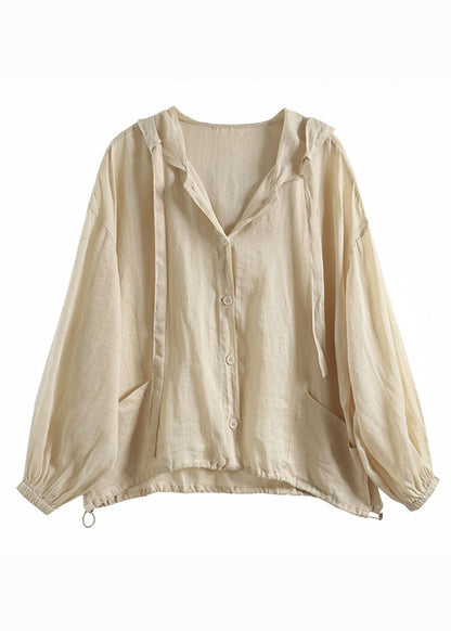 Apricot Taschen Patchwork Leinen Dünne Mantel Mit Kapuze Taste Sommer