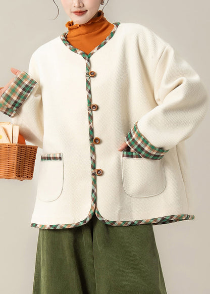 Aprikosenfarbene, übergroße Wollmäntel mit Patchwork-Taschen und Rundhalsausschnitt