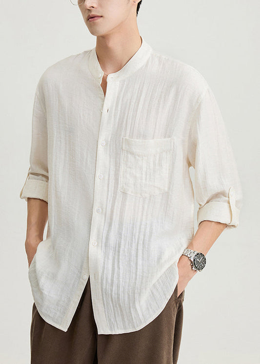 Camisas de algodón liso con bolsillos color albaricoque para hombre, cuello alto