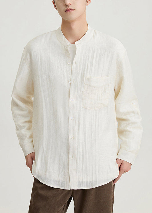 Camisas de algodón liso con bolsillos color albaricoque para hombre, cuello alto