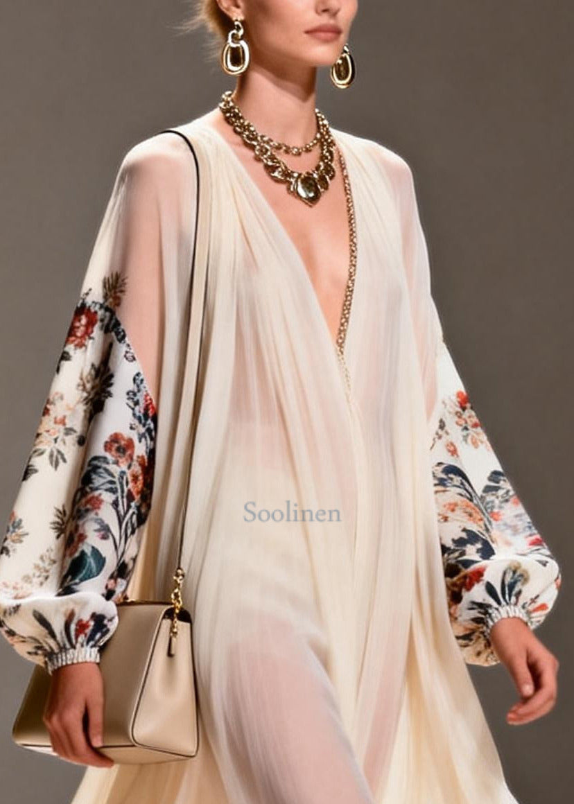 Apricot Print Chiffon Long Dresses Oversized Exra Large Hem Summer