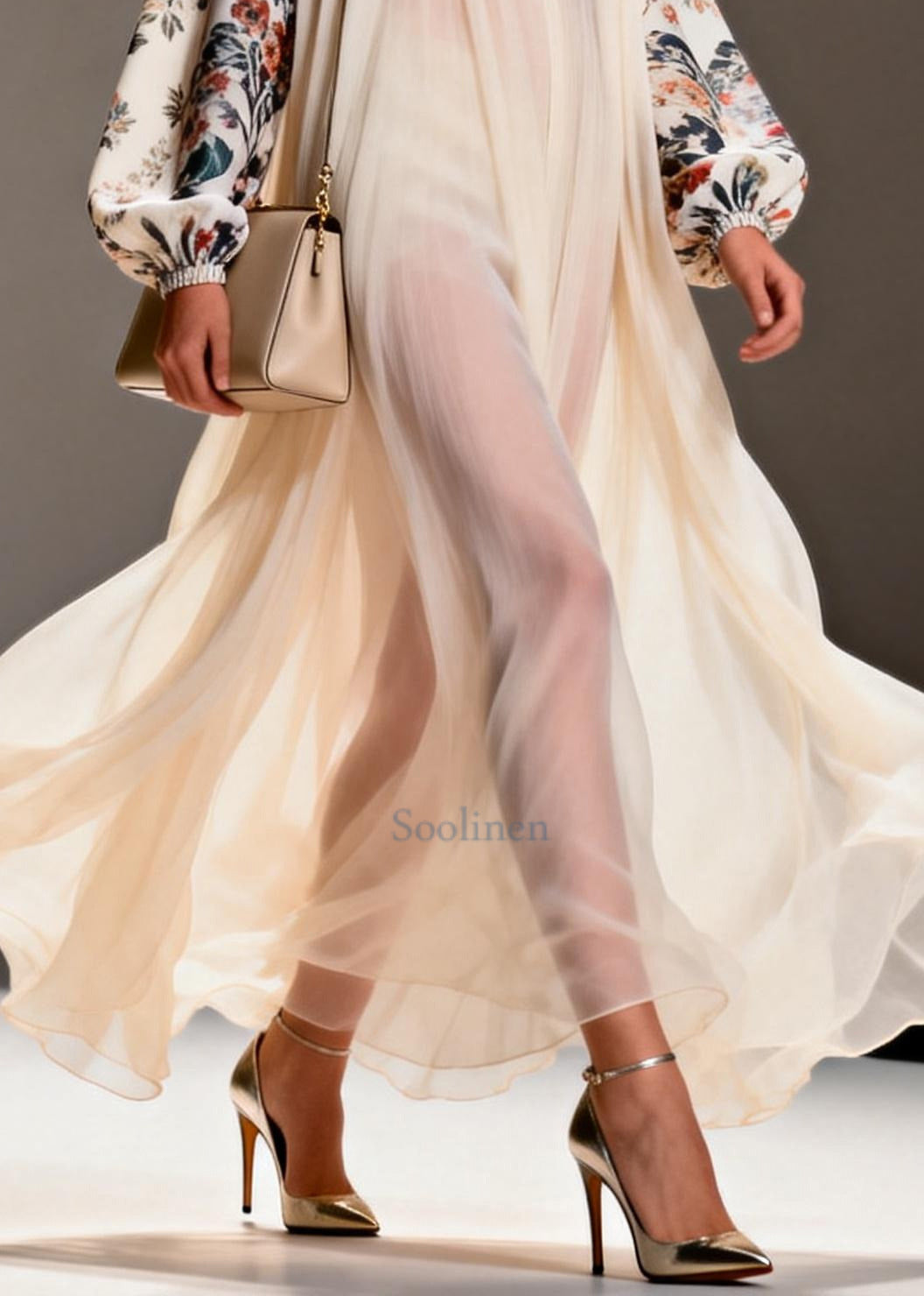 Apricot Print Chiffon Long Dresses Oversized Exra Large Hem Summer