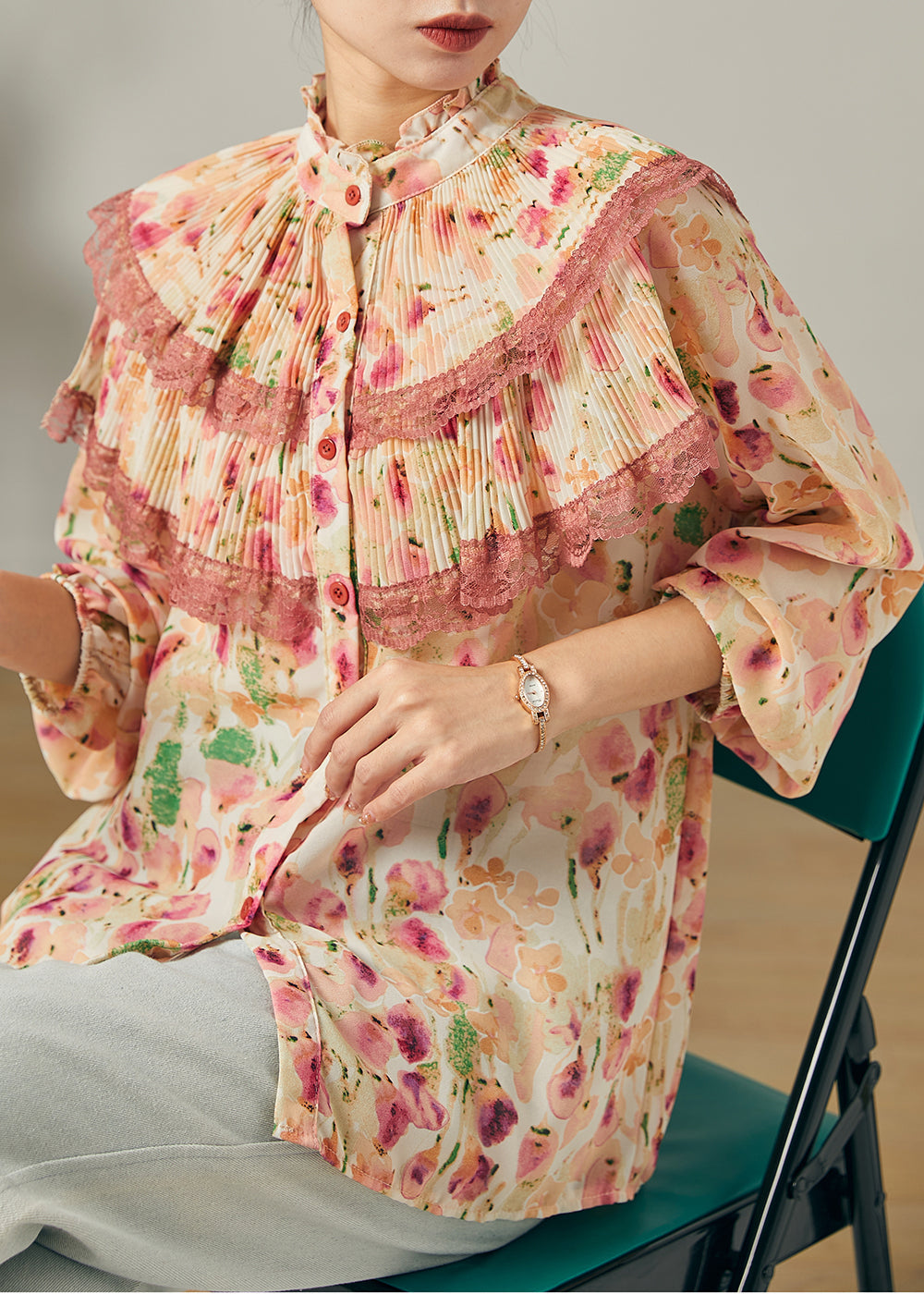 Apricot Print Chiffon Top Doppellagig Knitter Sommer