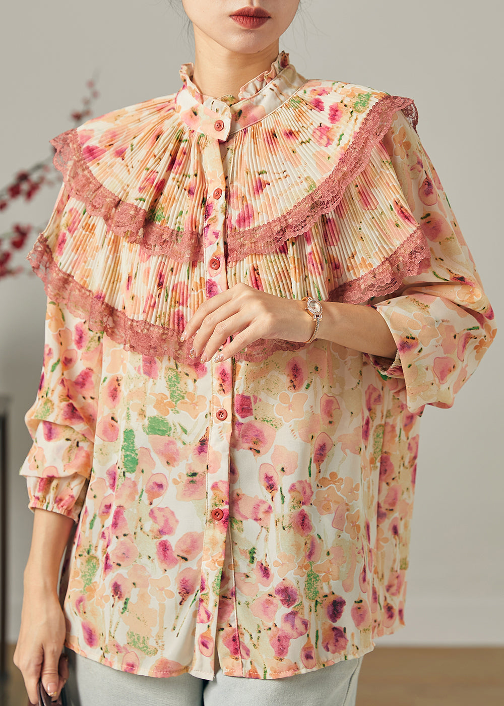 Apricot Print Chiffon Top Doppellagig Knitter Sommer