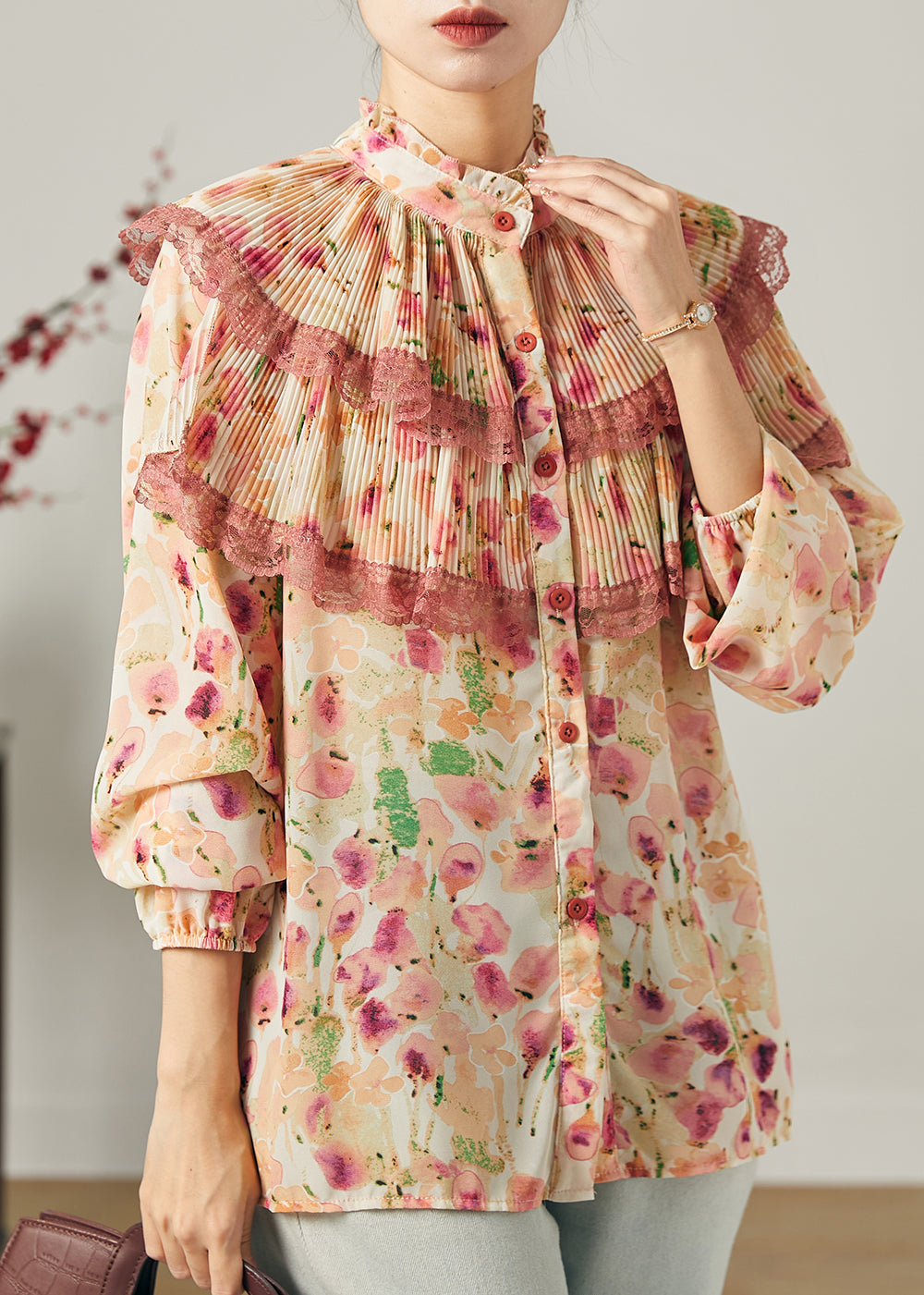 Apricot Print Chiffon Top Doppellagig Knitter Sommer