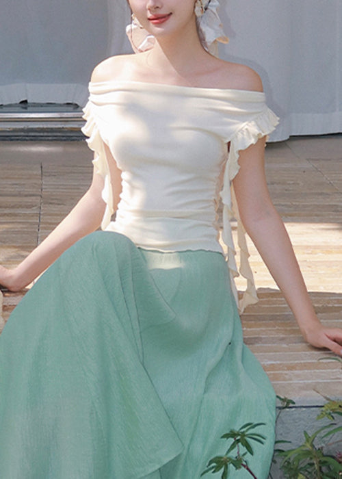 Apricot Ruffled Solid Cotton T Shirt Top Slash Neck