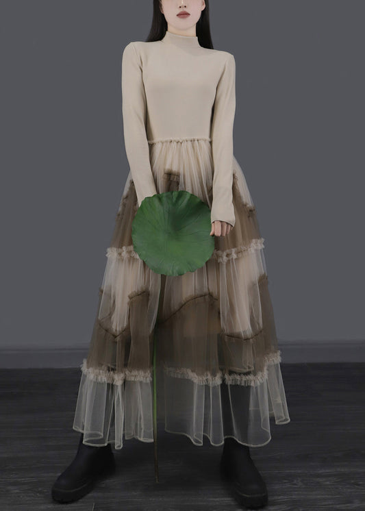 Aprikosenfarbene, asymmetrische, lange Kleider aus Rüschentüll-Patchwork mit schmaler Passform