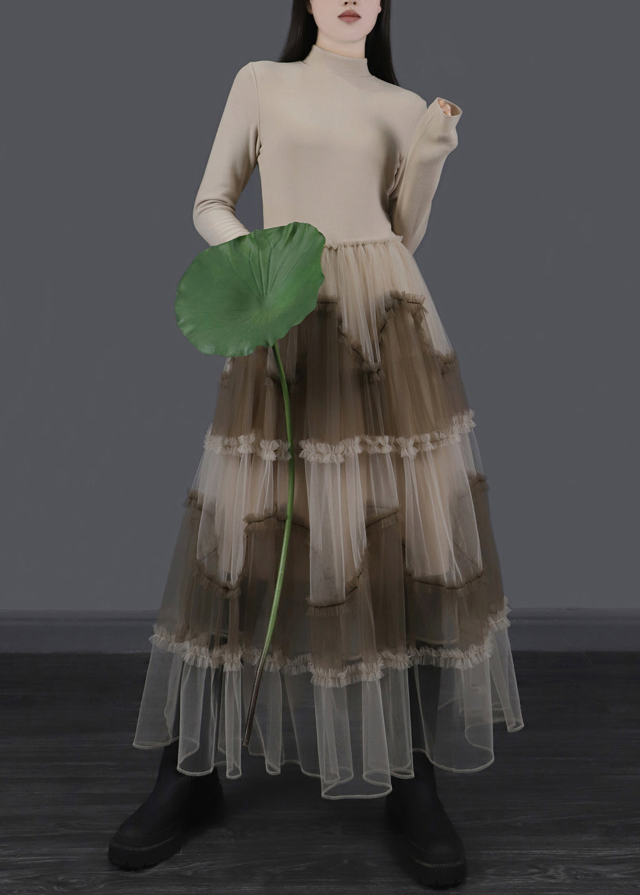 Aprikosenfarbene, asymmetrische, lange Kleider aus Rüschentüll-Patchwork mit schmaler Passform