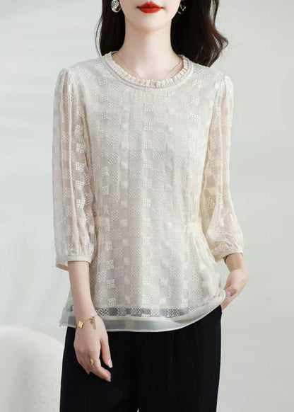 Apricot Silk T Shirt Top Classy O Neck Embroidered Bracelet Sleeve