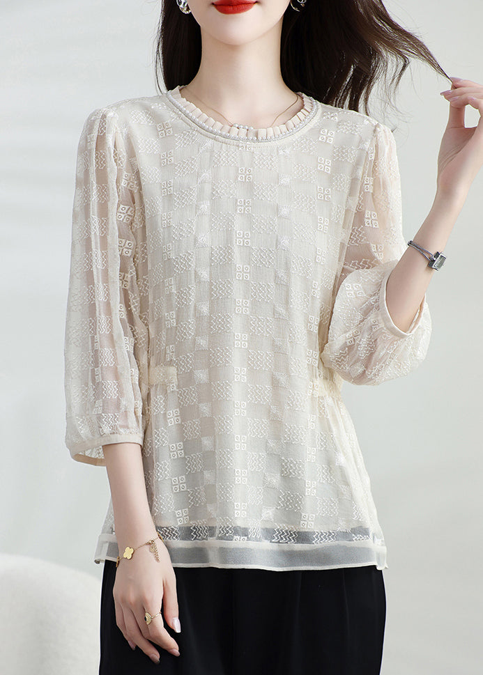 Apricot Silk T Shirt Top Classy O Neck Embroidered Bracelet Sleeve