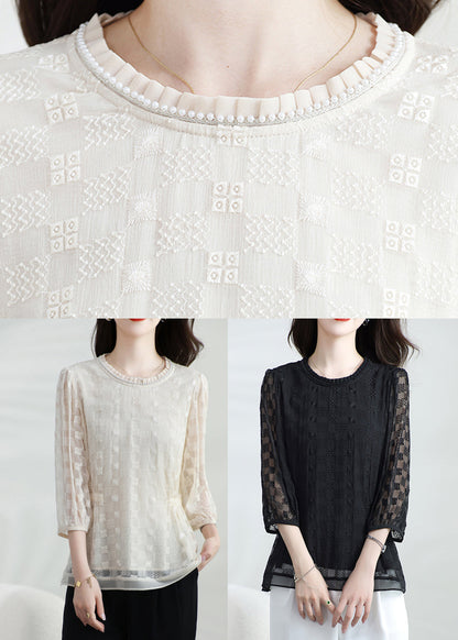 Apricot Silk T Shirt Top Classy O Neck Embroidered Bracelet Sleeve