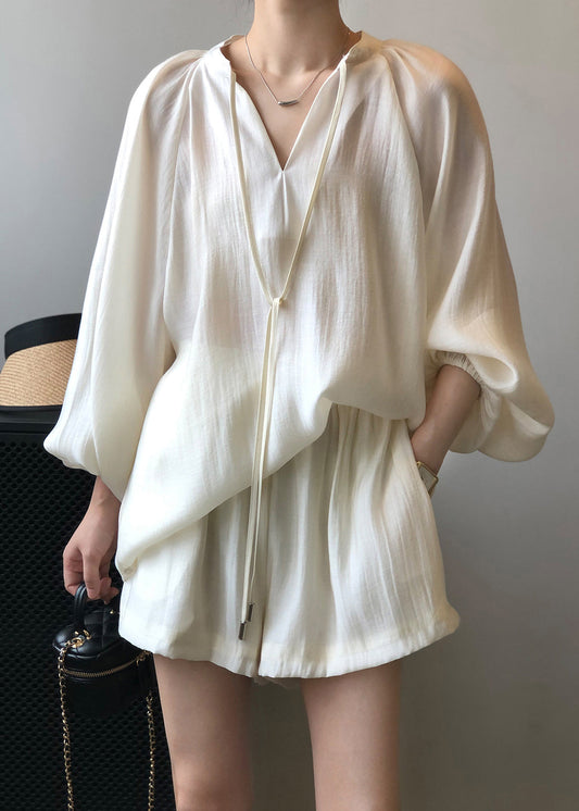 Apricot Solide Elastische Taille Baumwolle Zwei Stücke Set Lace