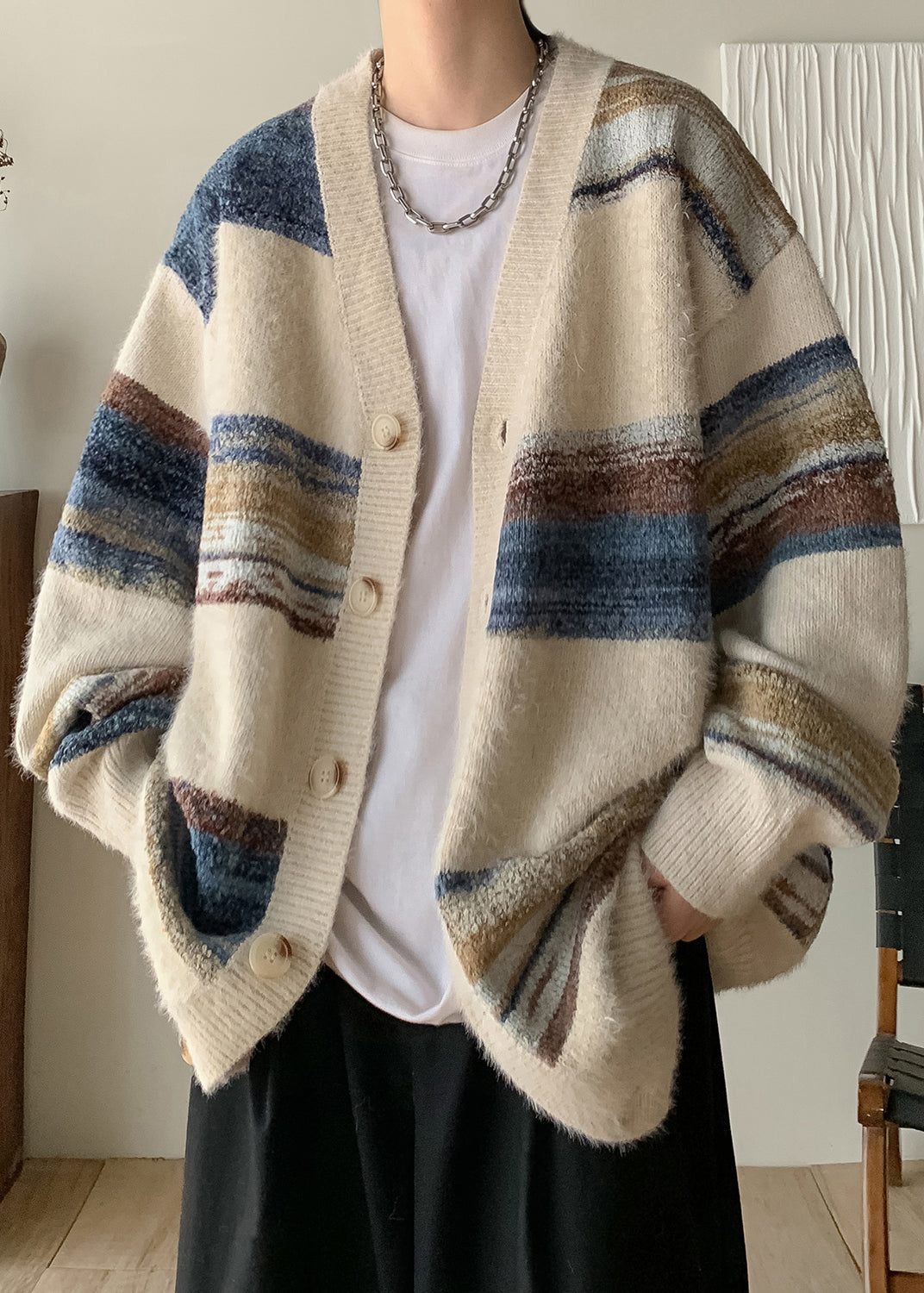 Apricot Striped Button Cozy Knit Men Coat V Neck