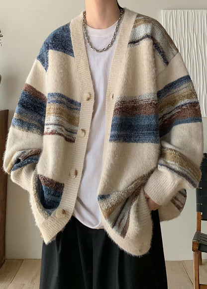 Apricot Striped Button Cozy Knit Men Coat V Neck
