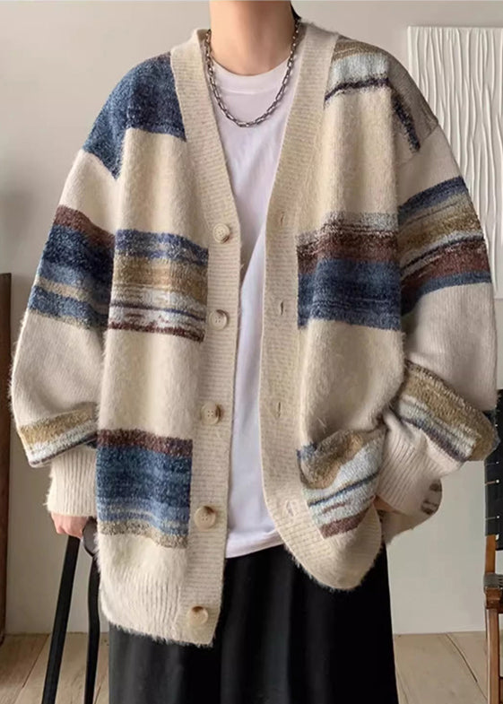 Apricot Striped Button Cozy Knit Men Coat V Neck