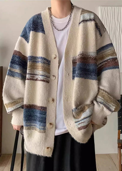 Apricot Striped Button Cozy Knit Men Coat V Neck