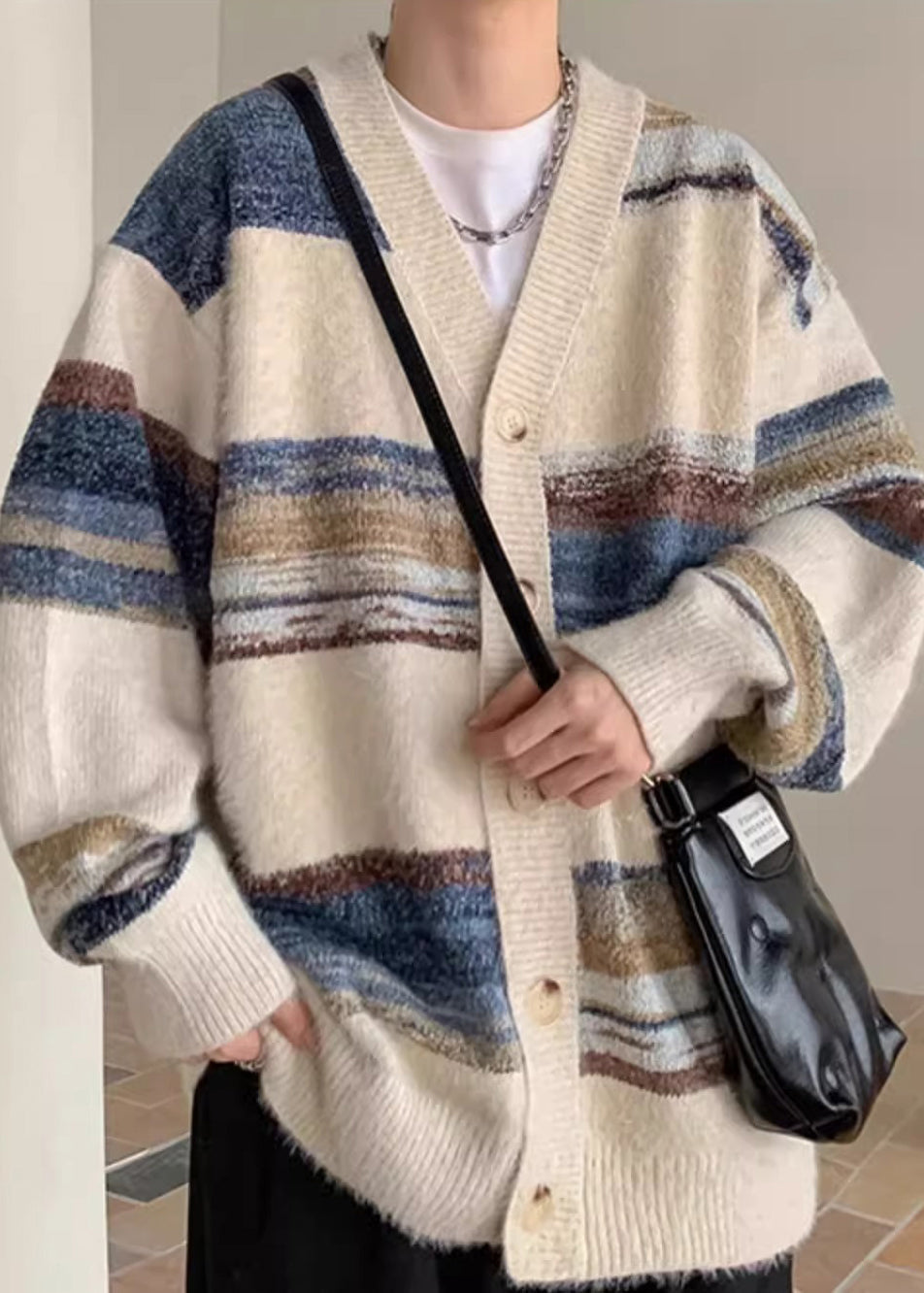 Apricot Striped Button Cozy Knit Men Coat V Neck