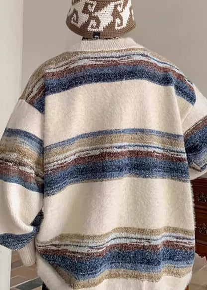 Apricot Striped Button Cozy Knit Men Coat V Neck