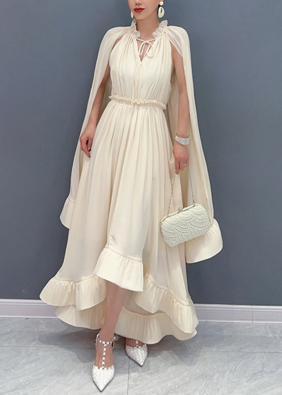 Apricot Tie Lace Ruffled Patchwork Chiffon Long Dresses Cloak Sleeve