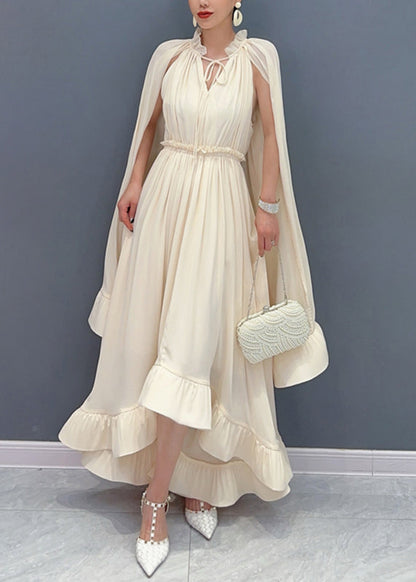 Apricot Tie Lace Ruffled Patchwork Chiffon Long Dresses Cloak Sleeve