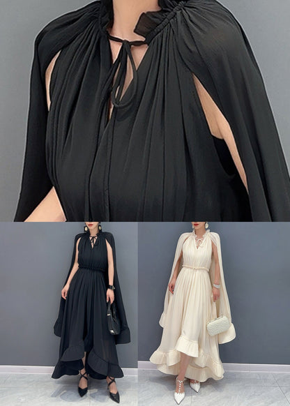 Apricot Tie Lace Ruffled Patchwork Chiffon Long Dresses Cloak Sleeve