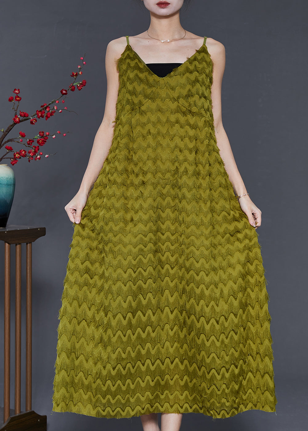 Armee Grün Chiffon Sommer Strand Kleid Tassel Sommer