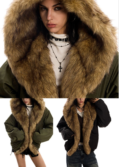 Chaqueta verde militar de piel sintética con relleno de algodón y capucha extragrande para invierno